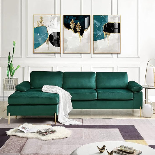 Favfurish 101 Velvet Upholstered Sectional Sofa with Chaise and Pillow Arms L-Shaped Solid/Manufatured Wood Loveseat Couch W/Removable Back &amp Cushionsfor Living RoomBedroomOfficeGreen