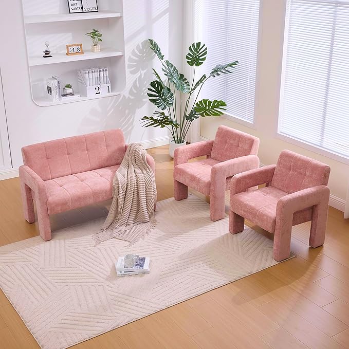 47'' Modern Loveseat Comfortable Small Couch for Two with Chenille Fabric Minimalist Accent Chair for Bedroom Office Entryway Dorm (Pink)