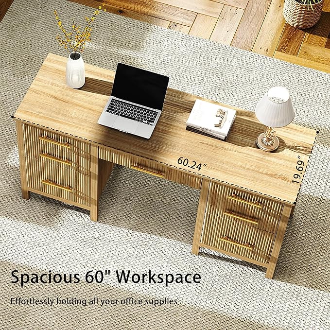 Oak Computer Desk with Storage: 60 Wooden Executive Office Desk with 7 Drawers Home Office Desks with File Drawers Fluted Writing Desks for Study Living Room