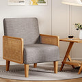 Accent Chair Mid Century Modern Living Room Chairs Rattan Armrest Upholstered Armchair with Solid Wood Legs Bedroom Reading Chair Taupe