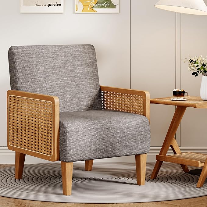 Accent Chair Mid Century Modern Living Room Chairs Rattan Armrest Upholstered Armchair with Solid Wood Legs Bedroom Reading Chair Taupe