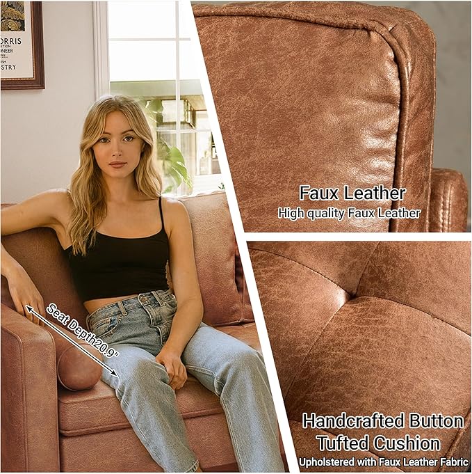 70 Loveseat Sofa Couch Mid-Century Vintage Couches 2 Seat Faux Leather with Solid Wood Frame Deep Seat 2 Pillows for Living Room Apartment Office Small Spaces Brown