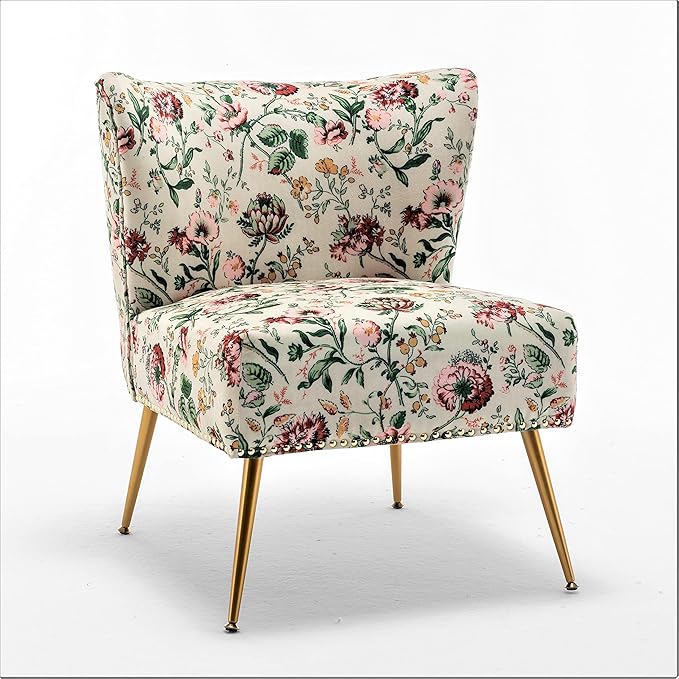 Thia Armless Accent Chair for Living Room Elegant Seat with Nailhead Trim Gold Metal Legs and Comfortable Curved Back 28 D x 25 W x 29.5 H 03 Floral Print