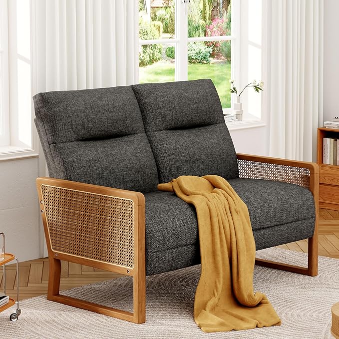 Alunaune Modern Loveseat Bench Couch with Natural Rattan Arm Upholstered Linen Small Love Seat Sofa 2-Seats Living Room Couch Settee Comfy Lounge Recliner Chair-Grey
