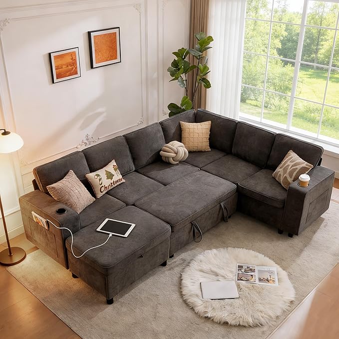 107 Modular Sectional Sleeper Sofa with Pull Out Bed 7 Seat U Shaped Couch with Storage Ottoman USB Port &amp 6 Pillows Sectional Couches for Living Room &amp Apartment Modular Cloud Couch Gre