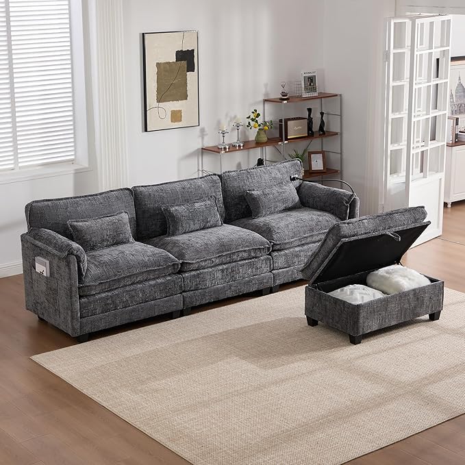 L Shaped Sectional Sofa Cloud Couch for Living Room 109 Chenille Comfy Modular Sleeper Sofa with Storage Ottoman Modern Upholstery Sofas with USB Port &amp Phone Holder Grey