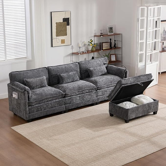 L Shaped Sectional Sofa Cloud Couch for Living Room 109 Chenille Comfy Modular Sleeper Sofa with Storage Ottoman Modern Upholstery Sofas with USB Port &amp Phone Holder Grey