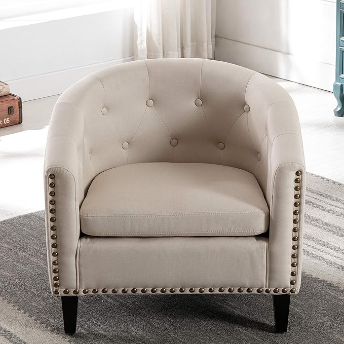 Linen Fabric Tufted Barrel ChairTub Chair for Living Room Bedroom Club Chairs