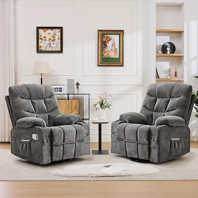 Manual 360°Swivel Rocker Recliner Chair Set of 2Single Recliner Seat with Cup HoldersRecliner Chairs for Adults Upholstered Fabric Lazy Boy Recliner for BedroomLiving RoomGrey