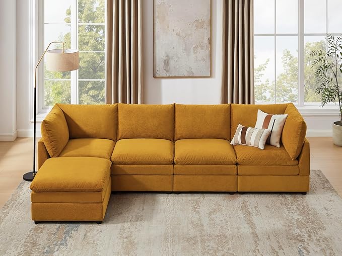 VANOMi L Shape Modular Sectional Sofa Couch for Living Room Oversized Modern Sleeper Cloud Couch with Deep Seat Double-Layer Thick Cushion Movable Ottoman Convertible Upholstered Sofa Set Curry