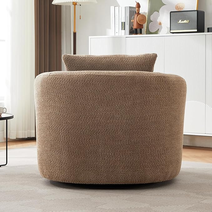 360-Degree Swivel Accent Chair 38.2 Chenille Upholstered Swivel Barrel Sofa Chair with a Throw Pillow Ergonomic Rounded Armrests Single Sofa for Living Room Office (Dark Brown/509)