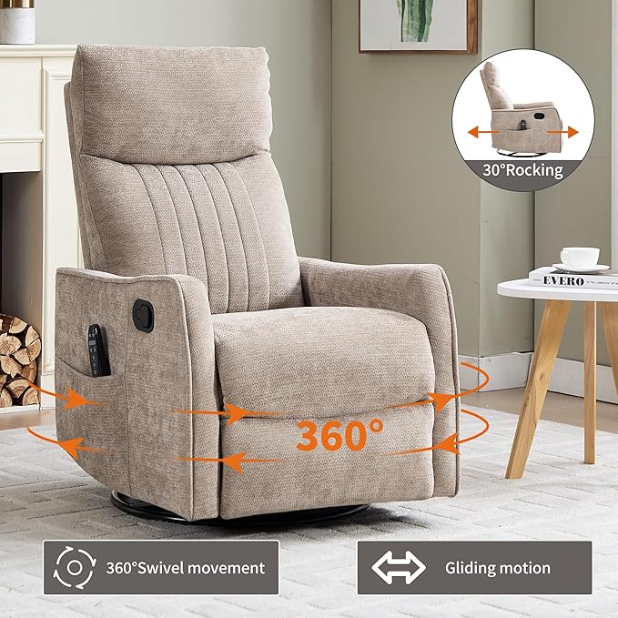Khaki 360° Swivel Rocker Recliner Chair Massage Reclining Chair with 8-Point Vibration &amp Lumbar Heat for Adults Elderly 155° Recline Easy Assembly for Living Room