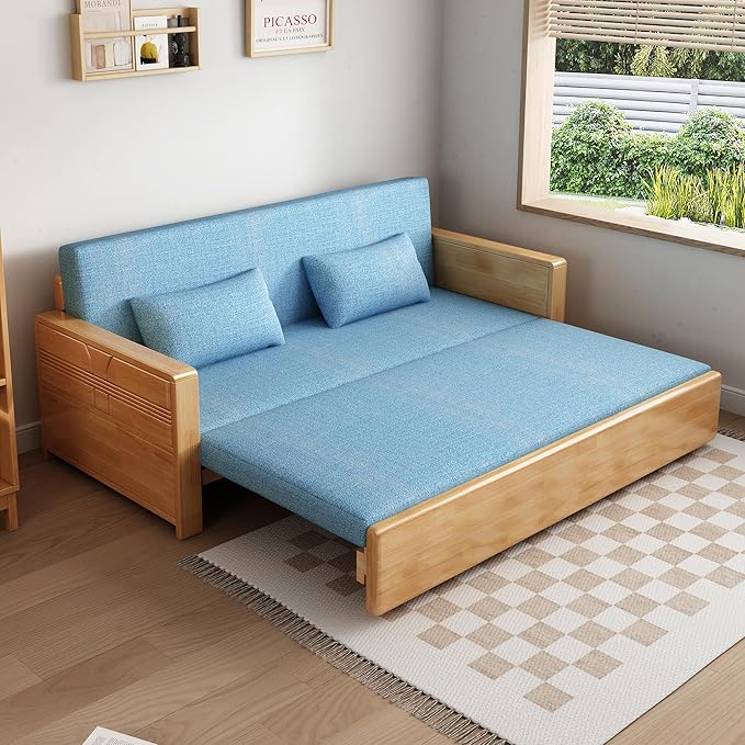 71 Blue Cushion Convertible Sofa Sleepersectional Sleeper Sofa with Reversible ChaiseLog Color Wood Sofa Bed 3 in 1 Pull Out CouchWooden Sofa Bed for livingroomApartmentBedroomOffice