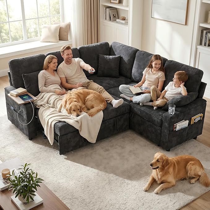 81 Modular Sectional Sofa L Shaped 5-Seater Sleeper Sofa with Pull Out Bed Hidden Storage Cup Holders &amp USB Charging Ports Sectional Couches for Living Room Chenille Black