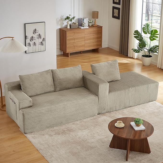 Modern Corduroy Modular Sectional Sofa96.1 Minimalist Style L-Shaped 3 Seat Couch with Side Storage PocketsComfortable Chaise Lounge for Living RoomReception AreaCamel Right Chaise Lounge