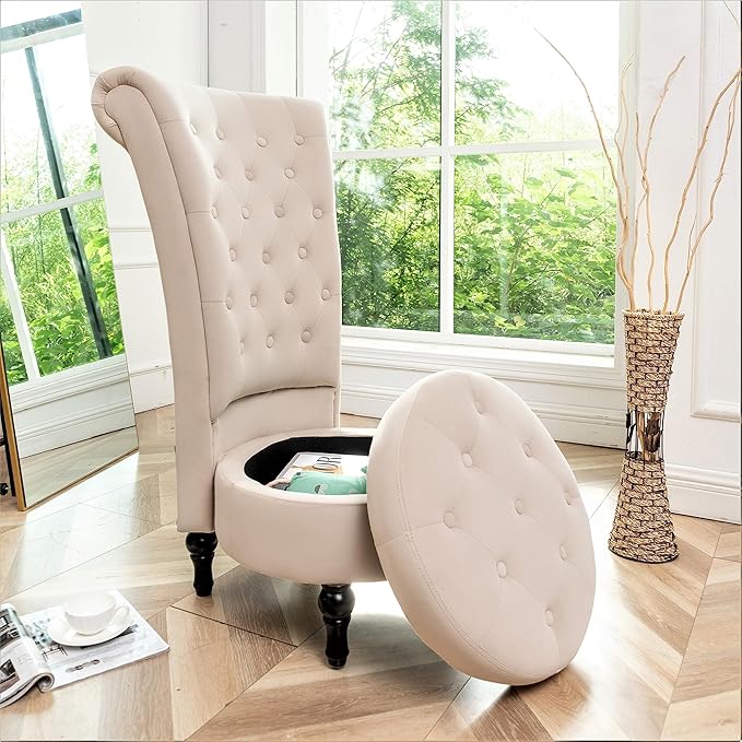 Royal High-Back Velvet Accent Chair for Vanity with Storage and Luxurious Upholstery Retro Design and Versatile Usage for Living Room Bedroom Lounge and Office Ivory