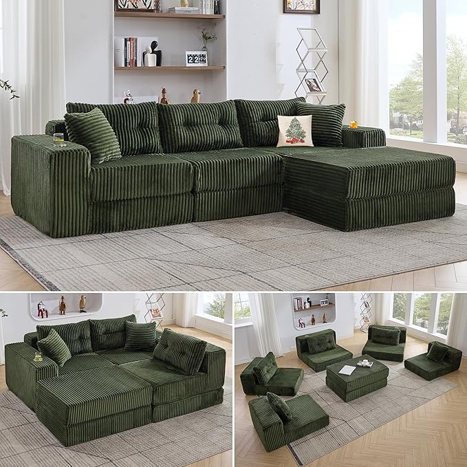TYBOATLE Modular Sectional Sofa Couch Corduroy Cloud Boneless Foam Couch with Deep Seats &amp Cup Holder Modern Comfy Sleeper Sofa with L-Shape Chaise No Assembly (Forest Green)
