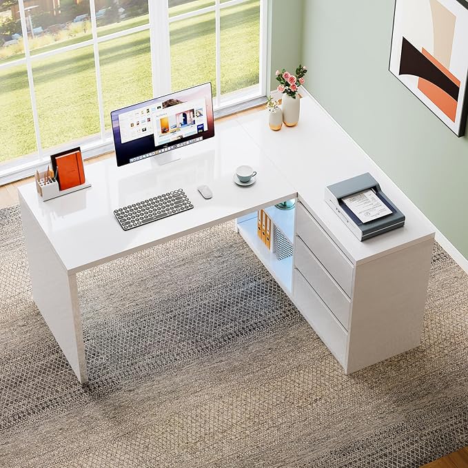 Tribesigns White L-Shaped Computer Desk with 3 Drawers 55-Inch Modern Gloss Corner Home Office Executive Desk with LED Lights and 2 Storage Shelves for Work Study Writing