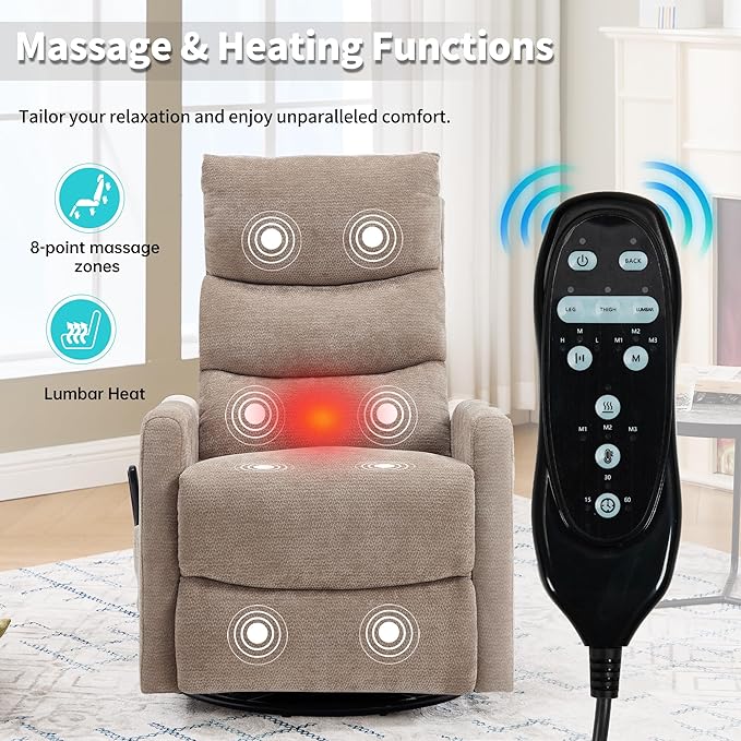 Manual Swivel Rocker Recliner Chair for Adults Overstuffed Reclining Glider Chair for Nursing with Vibration Massage &amp Heat Living Room Rocking Recliner 3-Stage backrest Chenille Fabric Khaqi