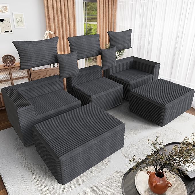 110 Corduroy Modular Sectional Boneless Sofa with 2 Ottomans Convertible Cloud Couch with Deep Seats Fluffy Memory Foam U Shaped Couch for Living Room No Assembly Required (Gray)