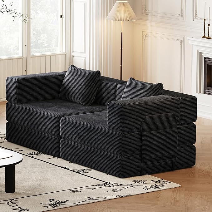 KEIKI 72.4'' Convertible Sofa Bed 2 Seat Corduroy Fabric Sofa with Two Side Storage Pockets and Two Cushions Comfortable Folding Sleeper Carpeted Couch for Living Room Bedroom and Study Black