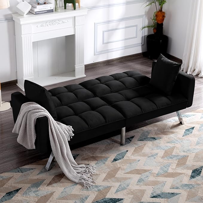 74 Futon Sofa BedConvertible Sleeper Couch with Adjustable Backrest and Pillows Comfy Velvet Cloud Sofa LoveseatModern Loveseat for Living Room and Bedroom（Black）