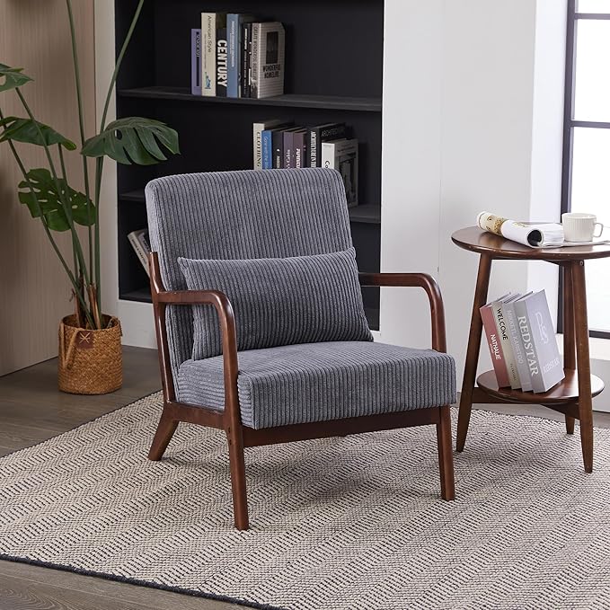 Furniliving Wooden Accent Chairs Set of 2 for Living Room Upholstered Reading Chair with Sturdy Wood FrameCorduroy Lounge Armchairs for Bedroom Indoor &amp Outdoor Patio Furniture Walnut Darkgre