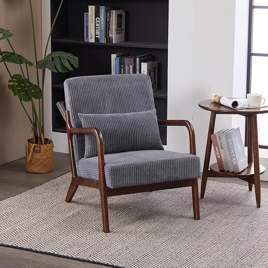 GDFStudio Aogex Accent Chair Upholstered Armchair Corduroy Club Chair Solid Wood Single Sofa Lounge with Armrest Comfort Seating with Lumbar Support for Reading Living Room Home Dark Gray+Walnut
