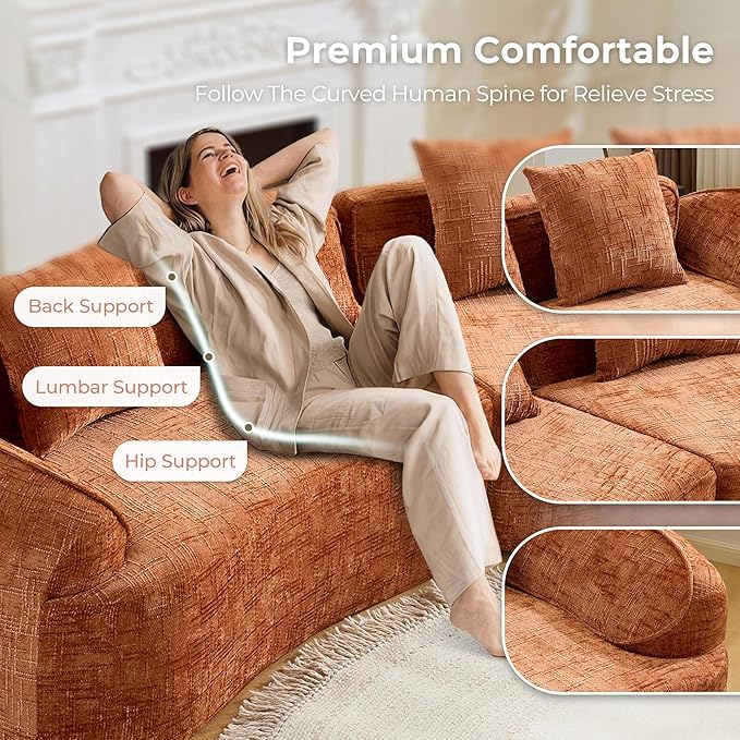 109'' Modern Curved Sectional Sofa Luxury Plush Chenille Upholstered Couch Comfy Cloud Compressed Sofa with 4 Pillows for Living Room Apartment Office No Assembly Needed Orange
