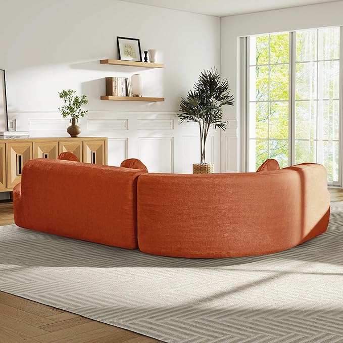 Deep Seat Curved Sectional Sofa - Cloud Round Couch with Elegant Curved Design &amp 3 Round Cushions L-Shaped Comfy 4 Seater Floor Sofa No Assembly Required (Orange)