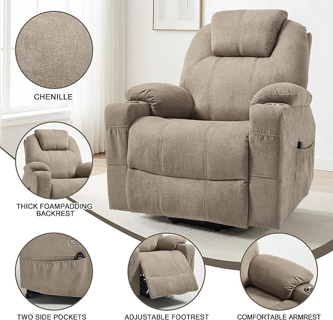 Power Lift Chair with Massage &amp Heat Electric Recliner Chairs for Adults Remote Control Sofa for Living Room Standing Assistance USB Ports Stainless Steel Cup Holders (Chenille Khaki)
