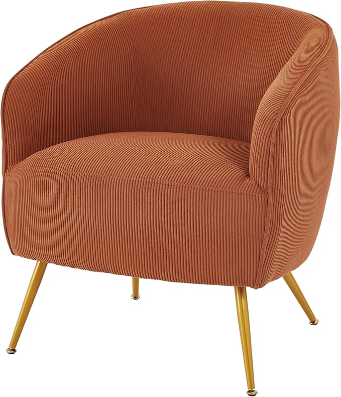 Modern Corduroy Accent Chair with Gold Metal Legs Channel Back Design and Soft Upholstery Comfortable Seating for Living Room Bedroom or Office Cinnamon Brown