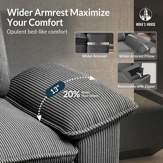 HERA'S HOUSE 158 Modular Sectional Sofa Oversized L Shaped Couches for Living Room Comfy Cloud Couch with Ottoman 5-Seater Deep Seat Sofa with Throw Pillow Corduroy Grey