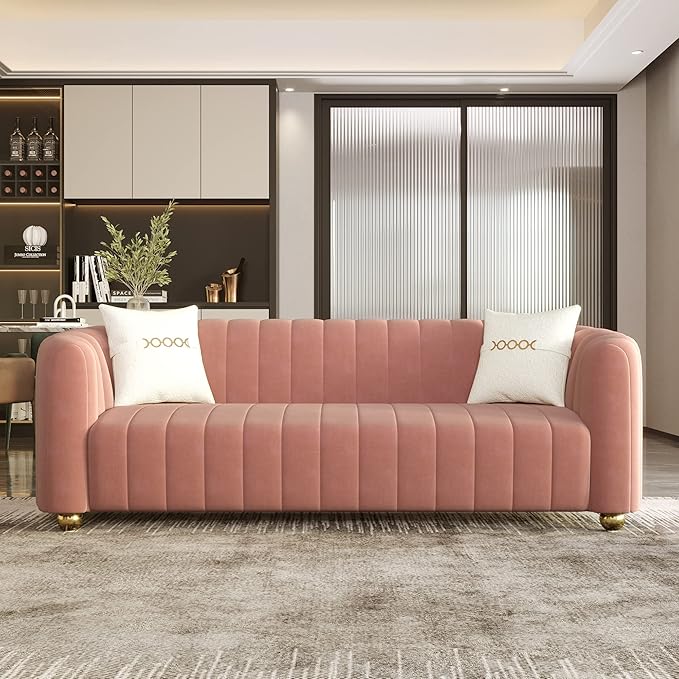83'' Velvet Sofa for Living Room Modern Comfy Couch 3-Seater Apartment Sofa with 2 Pillows &amp Golden Metal Legs