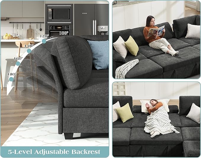 VanAcc 105 Sofa Bed Sectional Sleeper Sofa with Pull Out Bed/Reclining Backrest Sleeper Couch Bed with Storage 6 Seater Couch Bed for Living Room Chenille Dark Gray
