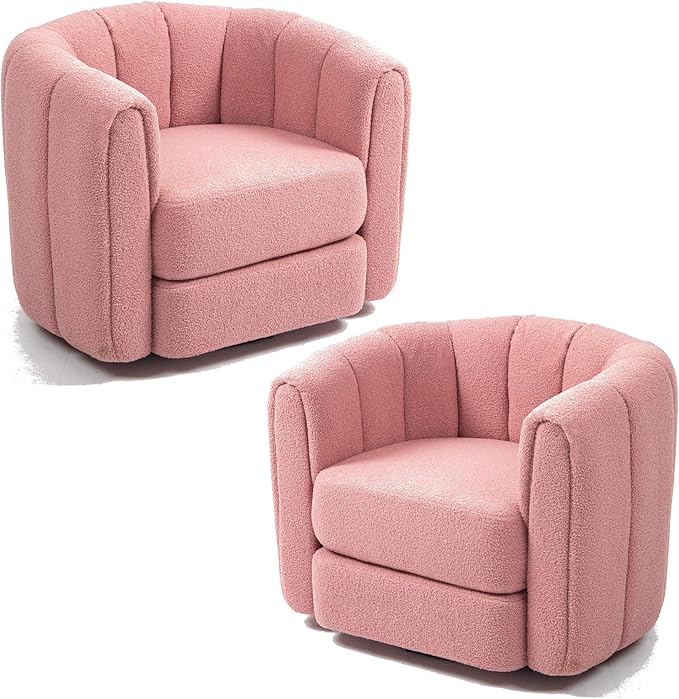 Swivel Accent Chairs Set of 2 for Living Room Teddy Fabric 360 Degree Round Swivel Barrel Armchair Pumpkin Shaped Single Club Sofa Recliner Chairs for Home Bedroom Apartment Office (Pink)