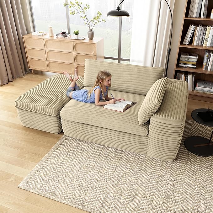 85'' Chaise Lounge Chair Indoor with Double Layer Seat Cushion Boneless Sectional Couches for Living Room with Ottoman Plush Corduroy Sofa Bed Cloud Couch No Assembly(Beige)