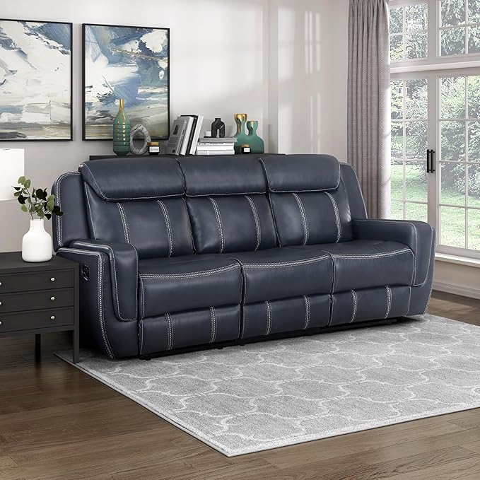 Lexicon Modern Double Recliner Sofa Faux Leather Reclining Sofa with Center Drop-Down Cup Holders Storage Pouch Receptacles USB Ports Manual Recliner Couch for Living Room/Office/Apartment Blue
