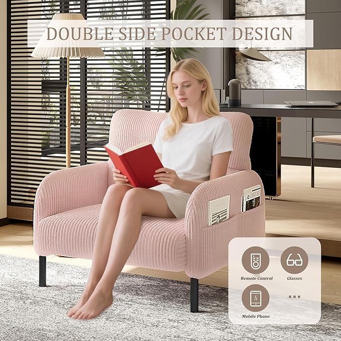 Pink Accent Chair - Corduroy Living Room Chairs with Side Storage Pockets and Durable Legs Comfy Arm Reading Chair with Soft Backrest for Bedroom Balcony Study Room