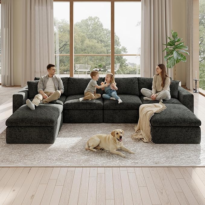 151'' 6 Seater Memory Foam Couch with Ottoman Modular Sectional Sofa for Living Room Boneless Couch Sectional with Memory Foam No Assembly Big Couch Set Black | Ergonomic Bolster
