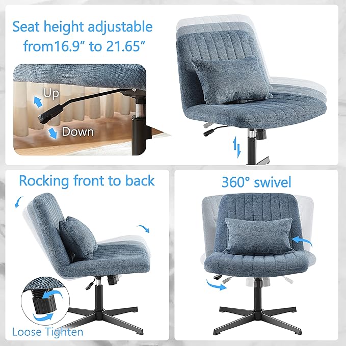 Art Leon Desk Chair No Wheels - with Ottoman and Lumbar Pillow Armless Office Chair No Wheels Criss Cross Chair Modern Swivel Height Adjustable Wide Seat Computer Task Vanity Chair Indigo Linen