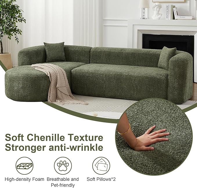 109.4 Sectional Couch with L-Shaped Chaise Boneless Modular Sectional Sofa Soft Chenille Sofa with Deep Seat for Living Room No Assembly(Left-Facing Chaise Green) | Breaathable Material