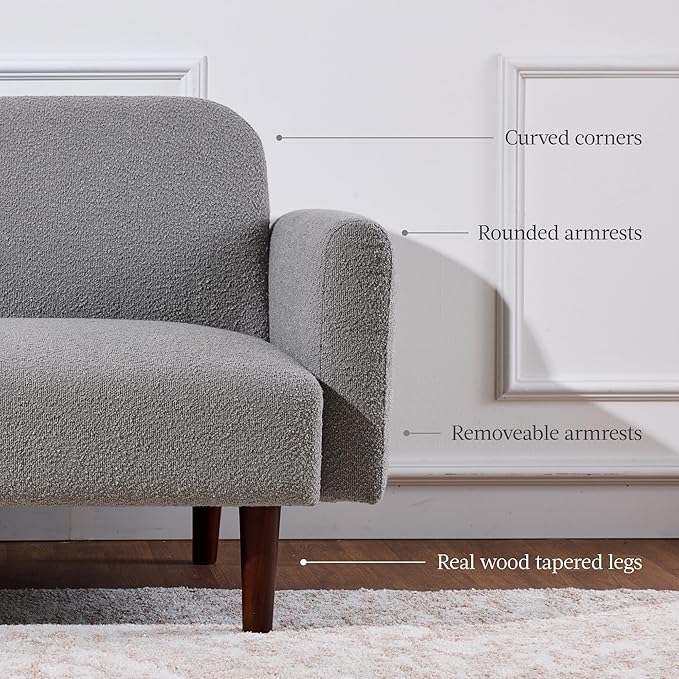 Best Choice Products 77 Mid Century Modern Boucle Loveseat Sofa Couch Convertible Sofa Sleeper Bed w/Real Wood Removable Armrest - Storm Gray