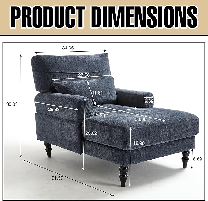 Chaise Lounge Chair Indoor Modern Leisure Sleeper Sofa Chair w/Double Deep Cushion Accent Upholstered Reading Side Armchair Recliner Arm Chairs for Living Room &amp Bedroom Easy Assembly (Blue)