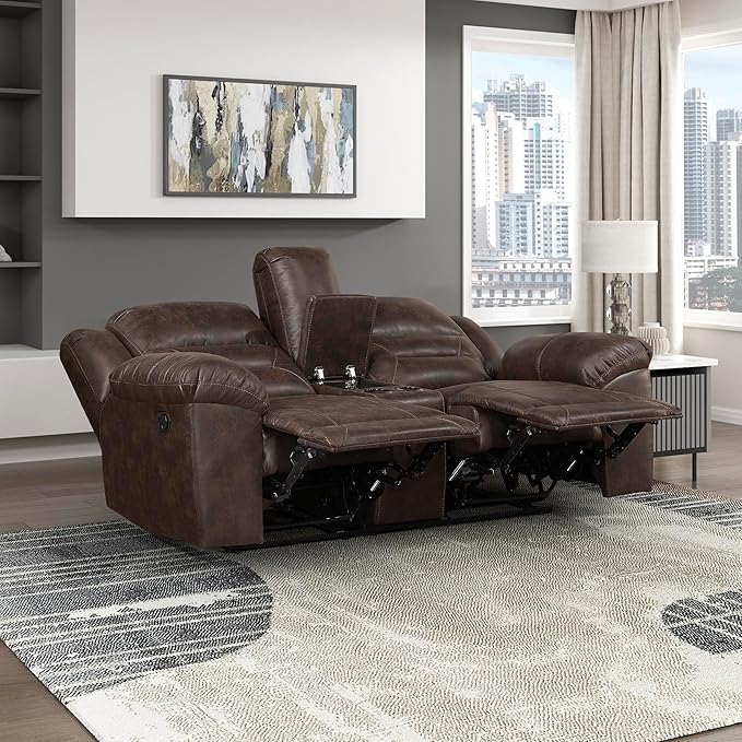 Lexicon Double Recliner Loveseat with Center Console Wall Hugger Manual Reclining Couch Textured Microfiber Upholstered Dual Reclining Love Seat Home Theater Seating Required Assembly Dark Brown