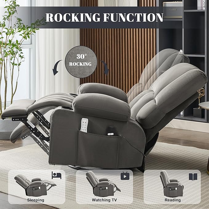 Oversized Recliner Chairs for Adults 270° Swivel Rocker Recliner with Heat and Massage Lazy Boy ReclinerRecliner Chairs Single Sofa Seat with Cup Holders (BlackGrey)