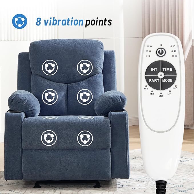 Manual Rocker Recliner Chair for Adults with Vibration MassageGlider Rocking Recliner Chairs for Living Room Bedroom Overstuffed Reclining Sofa Chair with Pockets and Cup Holds (Blue)