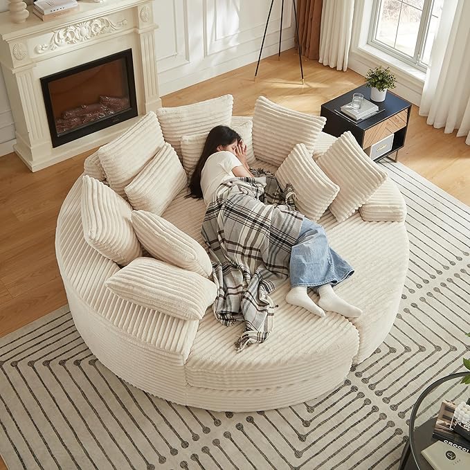 78.5 Oversized Round Chaise LoungeModular Convertible 2-in-1 Sofa Bed Upholstered CorduroyBoneless Plush Couches with PillowNo Assembly RequiredBeige