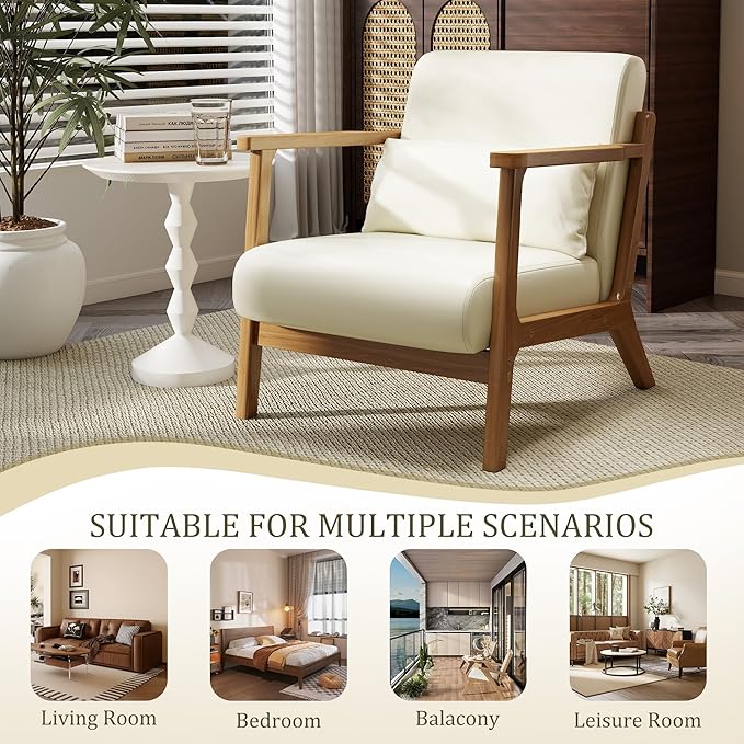 Modern Accent Chair and Ottoman Set Mid-Century Faux Leather Upholstered Lounge Armchair with Solid Wood Frame &amp Comfortable Cushion for Living Room Bedroom Balcony Beige
