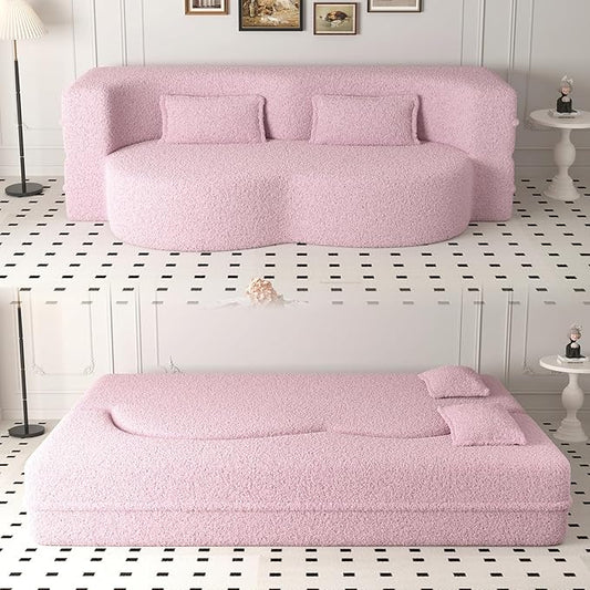 Ball &amp Cast 78 Sleeper Sofa Bed with 2 Pillows Convertible Teddy Fabric Foam-Filled Could Couch Modern Floor Sofa for Living RoomGuest BedPlayroomNo Assembly RequiredPink